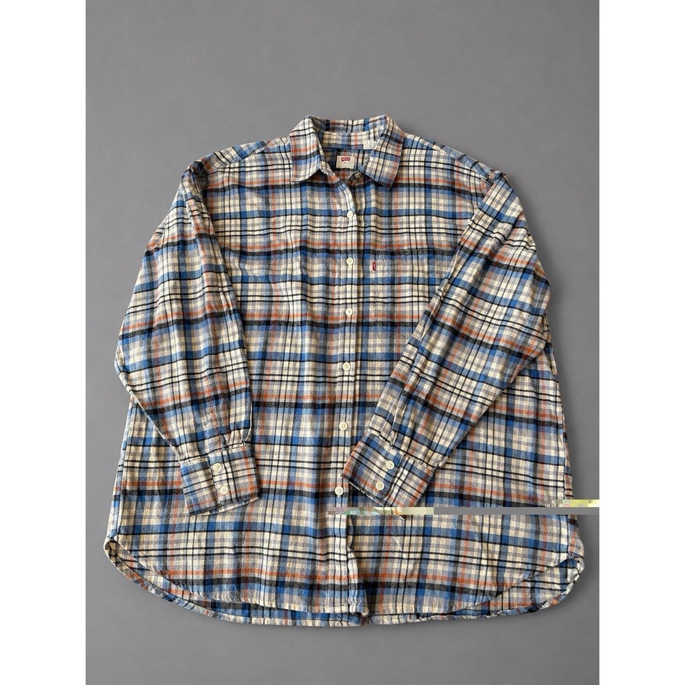 Levi's Plaid Flannel Button Up Shirt Men's Large Blue Long Sleeve Vintage Style